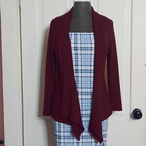 Christopher & Banks Open Front Wine Red Peplum Waterfall Cardigan, Medium, EUC